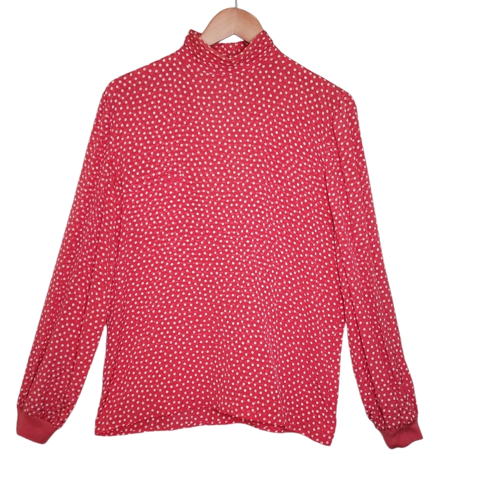 Vintage Valentino Miss V Red Polka Dot Crepe Silk Mock Neck Top